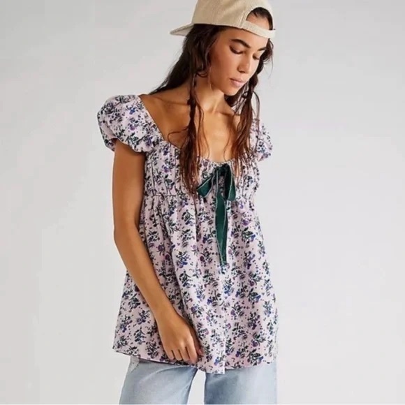 Free People Pink Floral Corduroy Blouse with Velvet Green Tie - Picture 1 of 12